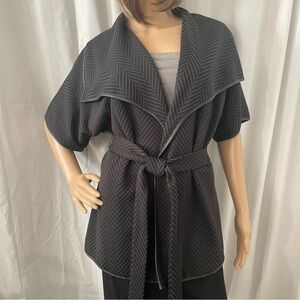 Liz Claiborne Belted wrap with leather trim dolman sleeved black/gray cardigan